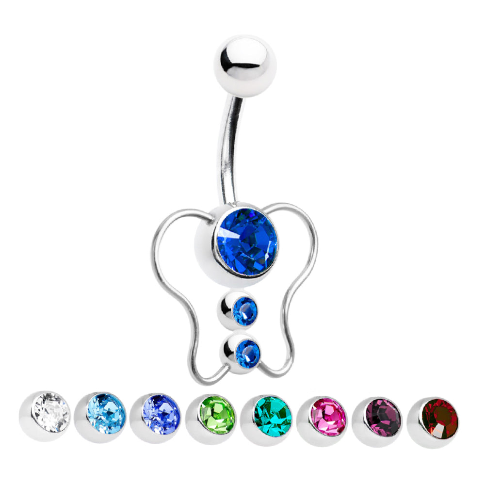 Surgical Steel 14 Gauge Belly Ring with Triple CZ Butterfly