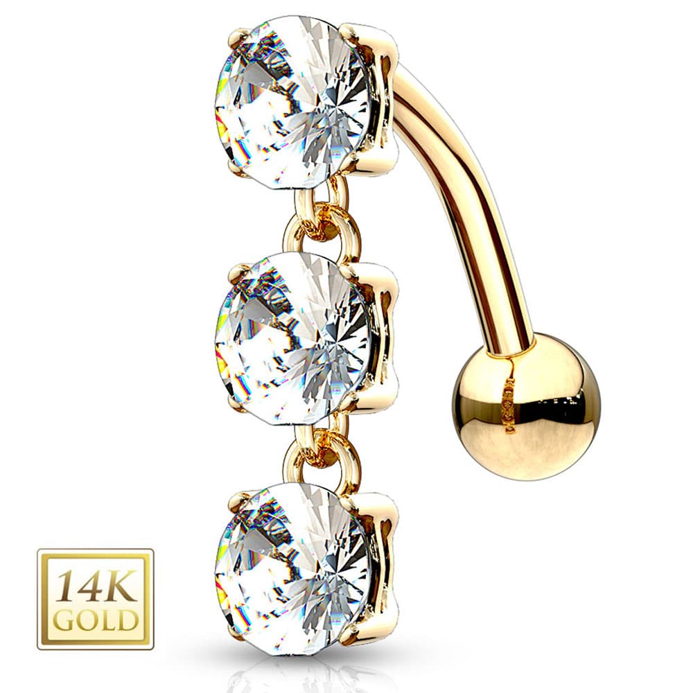 14K Solid Gold 14 Gauge Reverse Belly Ring with Triple CZ Drop - photo 4