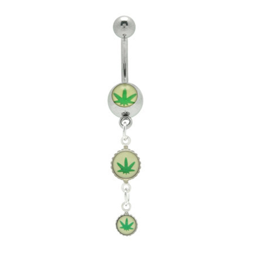 Surgical Steel 14 Gauge Belly Ring with Triple Pot Leaf Logo