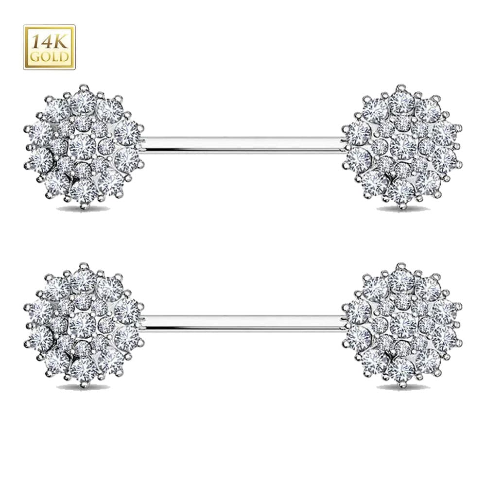 14K Solid Gold 14 Gauge Nipple Barbells with CZ Flower - Pair - photo 5