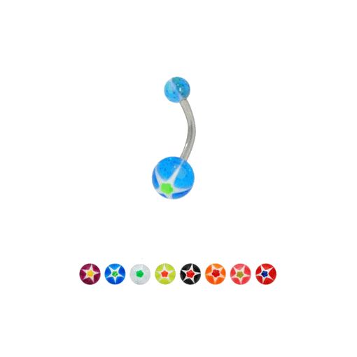 Surgical Steel 14 Gauge Belly Ring with UV Acrylic Glitter Star Balls
