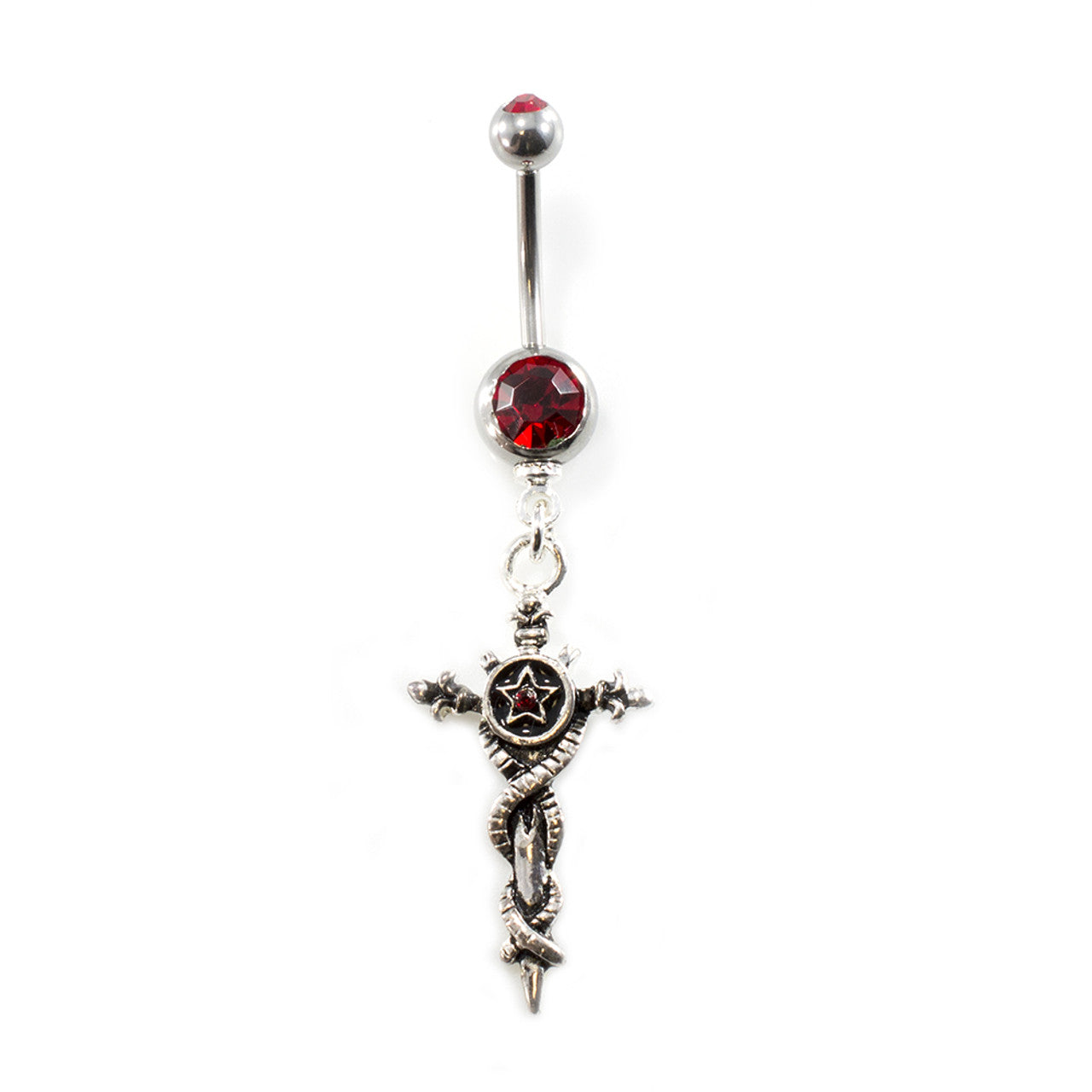 Surgical Steel Belly Button Ring 14 Gauge With Vintage Sword & Red Gem