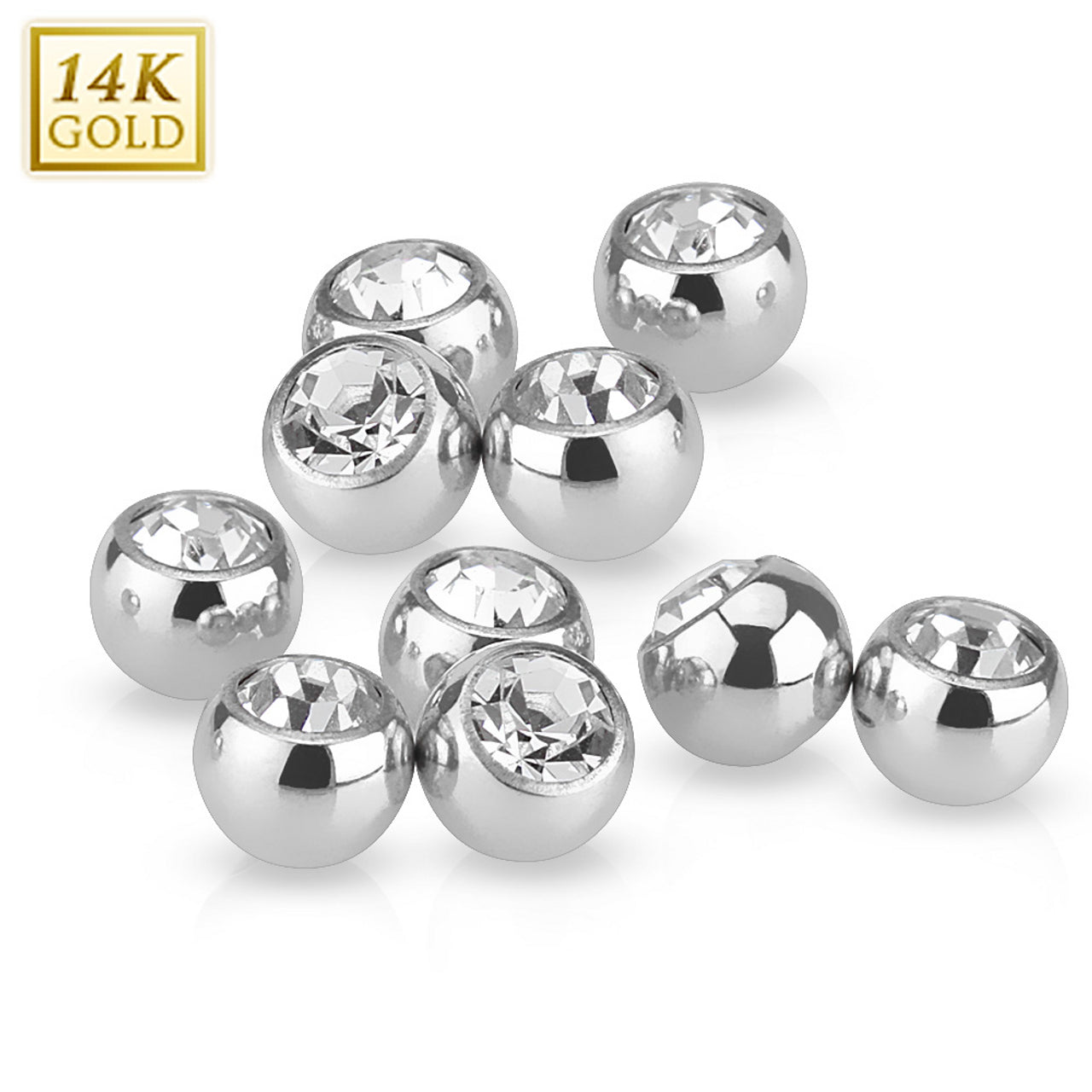 14 Karat Solid Gold Cubic Zirconia Gem Ball Top 16 & 14 Gauge 3 - 5 MM