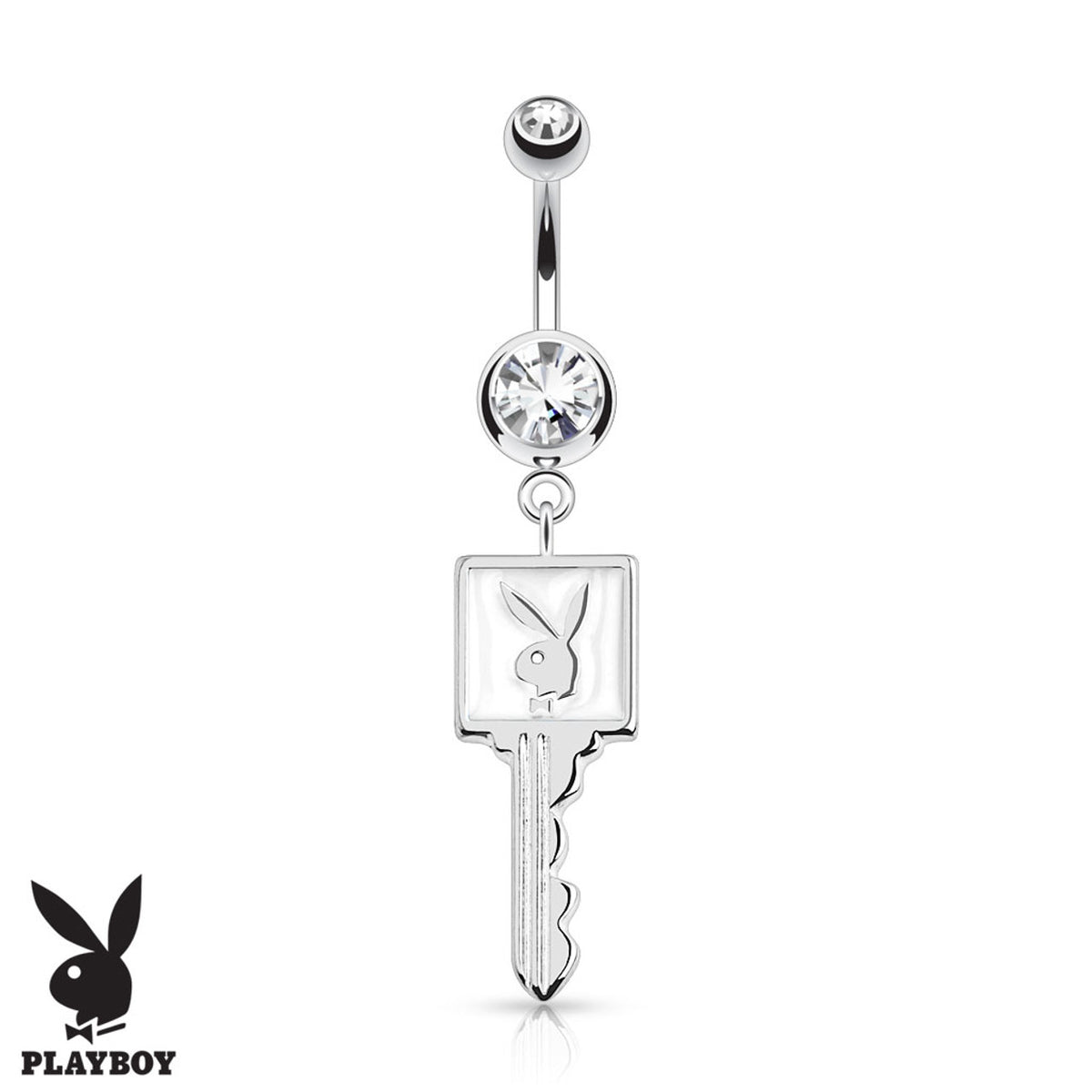 Surgical Steel 14 Gauge Belly Ring with Playboy Bunny Key CZ - photo 5