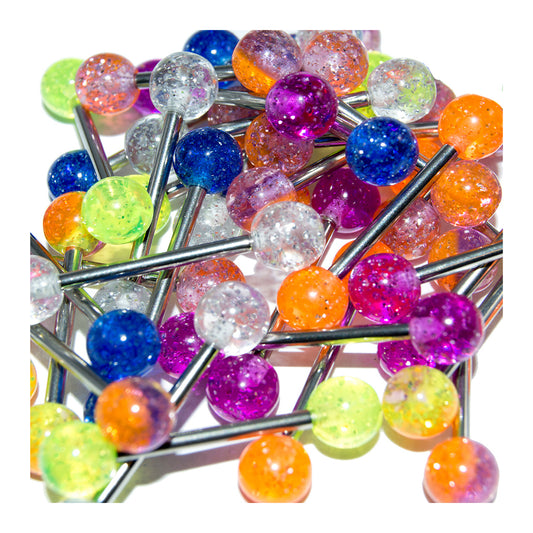 Surgical Steel Straight Barbell Tongue Ring 14 Gauge Glitter - 20 Pack