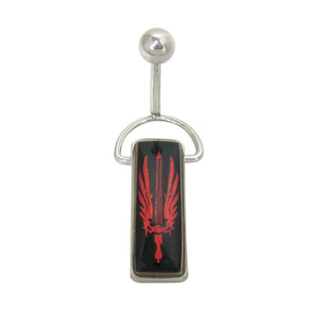 Surgical Steel 14 Gauge Belly Ring with Dangle Wings Sword Logo