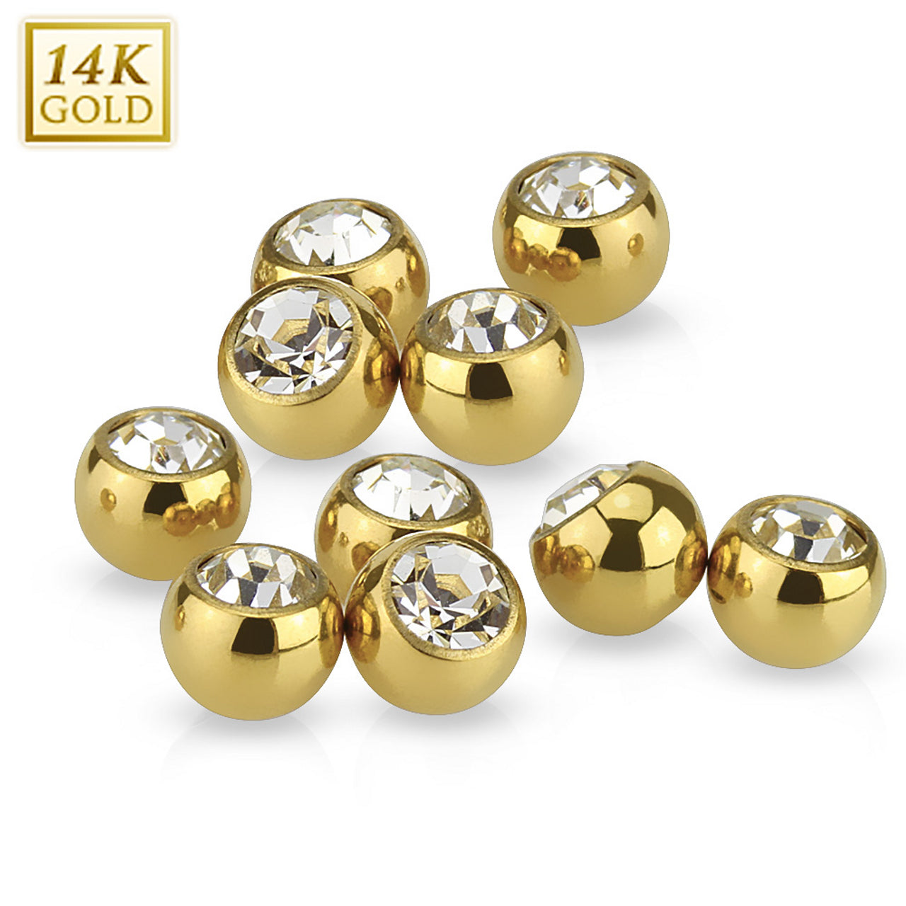 14 Karat Solid Gold Cubic Zirconia Gem Ball Top 16 & 14 Gauge 3 - 5 MM
