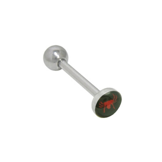 Surgical Steel Tongue Ring Straight Barbell 14 Gauge & Red Spider Logo