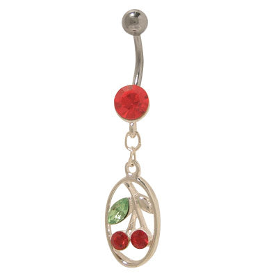 Surgical Steel 14 Gauge Belly Ring with Dangling Cherry and CZ