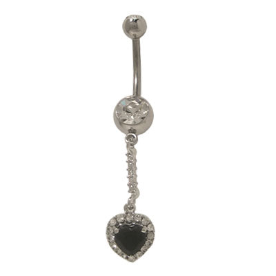 Surgical Steel 14 Gauge Belly Ring with Dangler Heart Black Jewel