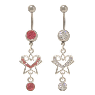 Surgical Steel 14 Gauge Belly Ring with Dangling Heart and Star CZ