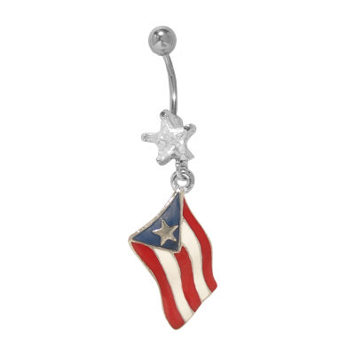 Surgical Steel 14 Gauge Belly Ring with Dangling Puerto Rican Flag