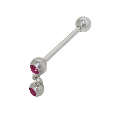 Surgical Steel 14 Gauge Tongue Barbell with Purple Dangle Double Jewel
