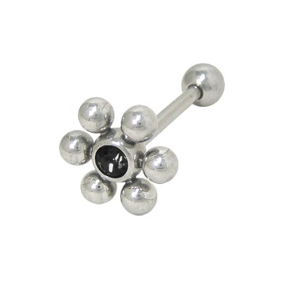 Surgical Steel 14 Gauge Tongue Barbell with Black Jeweled Flower