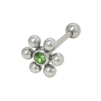 Surgical Steel 14 Gauge Tongue Barbell with Light Green Flower Jewels