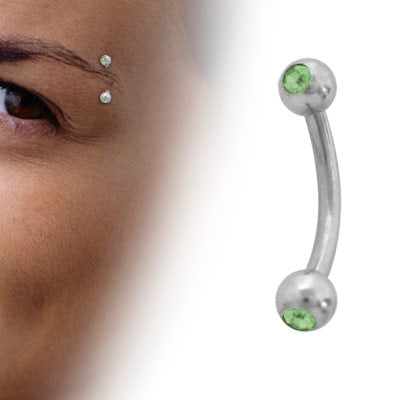 Surgical Steel 16 Gauge Curved Eyebrow Barbell with Double Green Jewel