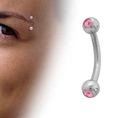 Surgical Steel 16 Gauge Curved Eyebrow Barbell with Double Pink Jewel