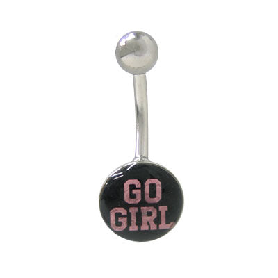 Surgical Steel 14 Gauge Belly Ring with Holographic Go Girl Design