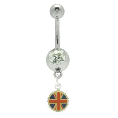 Surgical Steel 14 Gauge Belly Ring Dangler with British Flag