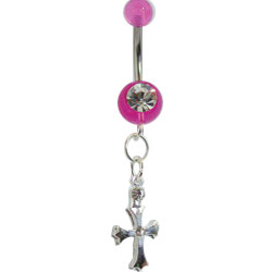 Surgical Steel 14 Gauge Belly Ring with UV Beads and Silver Cross