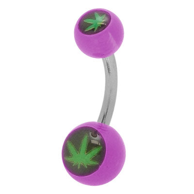 Surgical Steel 14 Gauge Belly Ring with Pot Leaf and Purple Beads