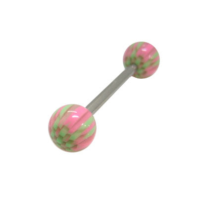 Surgical Steel 14 Gauge Tongue Barbell with Green and Pink Checker