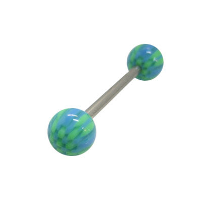 Surgical Steel 14 Gauge Tongue Barbell with Green and Blue Checker