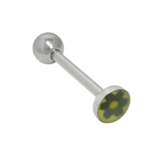 Surgical Steel Tongue Ring Straight Barbell 14 Gauge Black Flower Logo