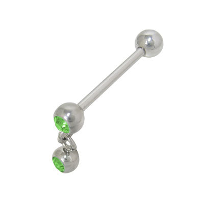 Surgical Steel 14 Gauge Tongue Barbell with Green Dangle Double Jewel
