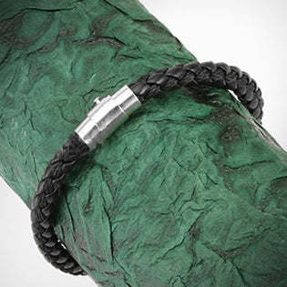 Black Leather Braid String Bracelet with Steel Tribal Beads - photo 2