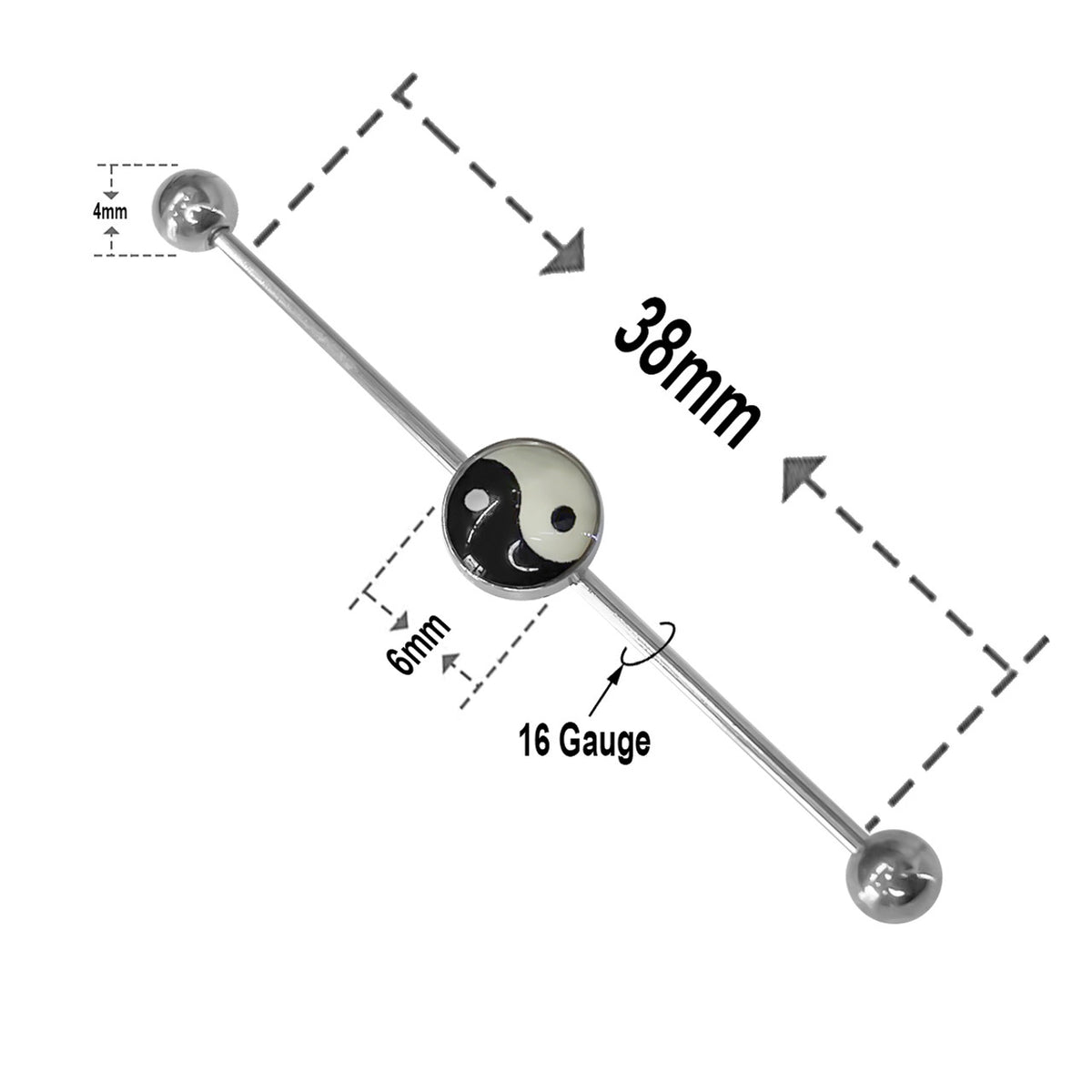 Surgical Steel 16 Gauge Industrial Barbell with Yin Yang Logo - photo 2