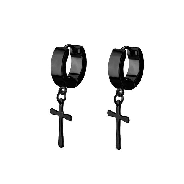 Stainless Steel Hinged Hoop Earring 18 Gauge With Cross Dangle - Pair