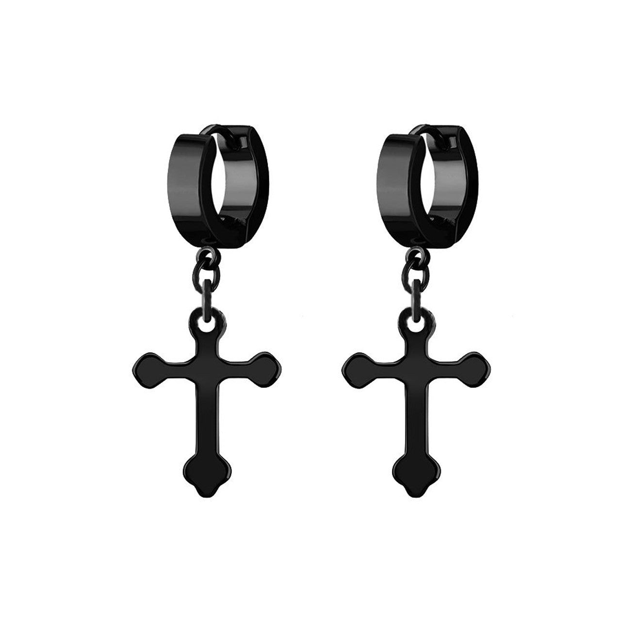 Stainless Steel Hinged Hoop Earrings 18 Gauge & Cross Dangle - Pair