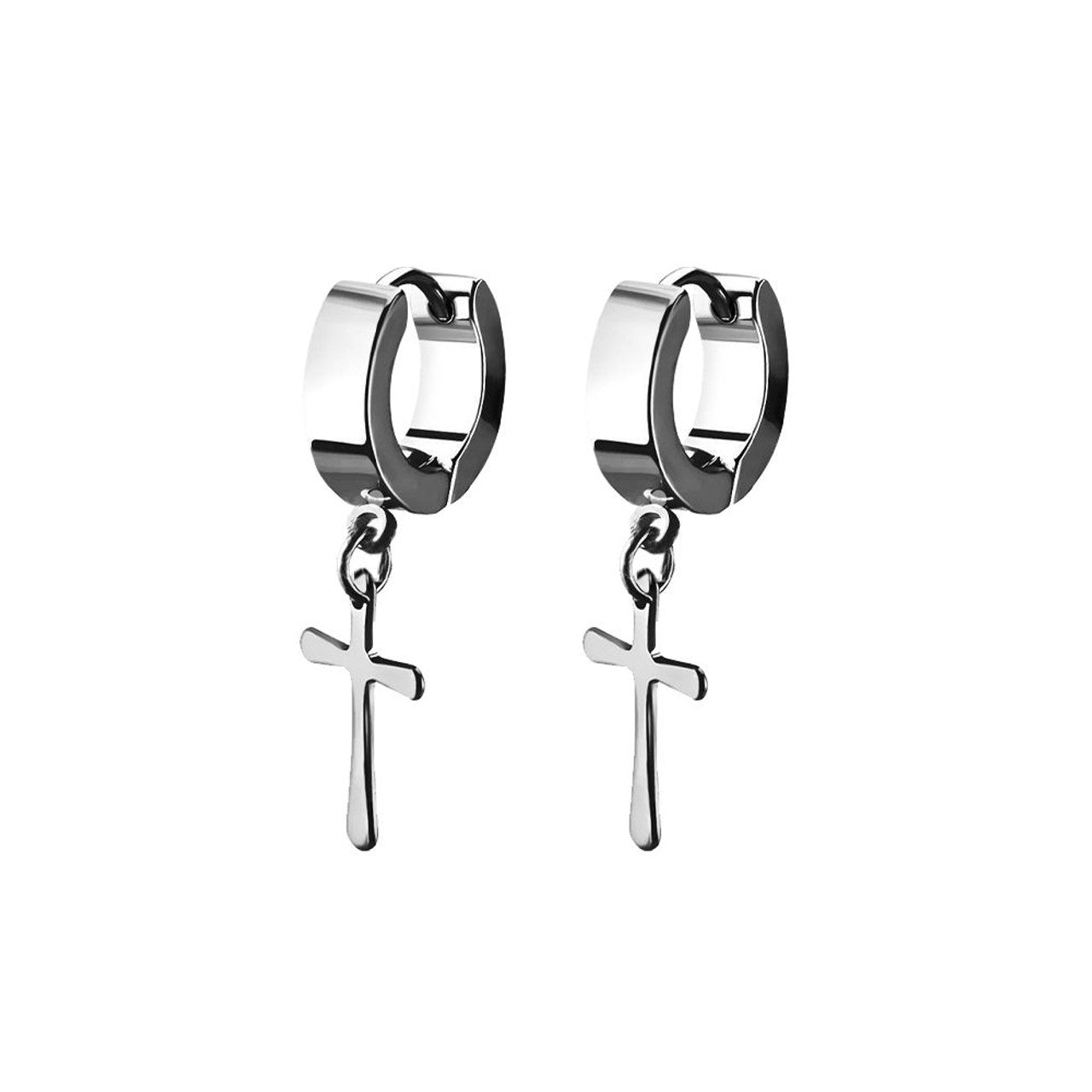 Stainless Steel Hinged Hoop Earring 18 Gauge With Cross Dangle - Pair