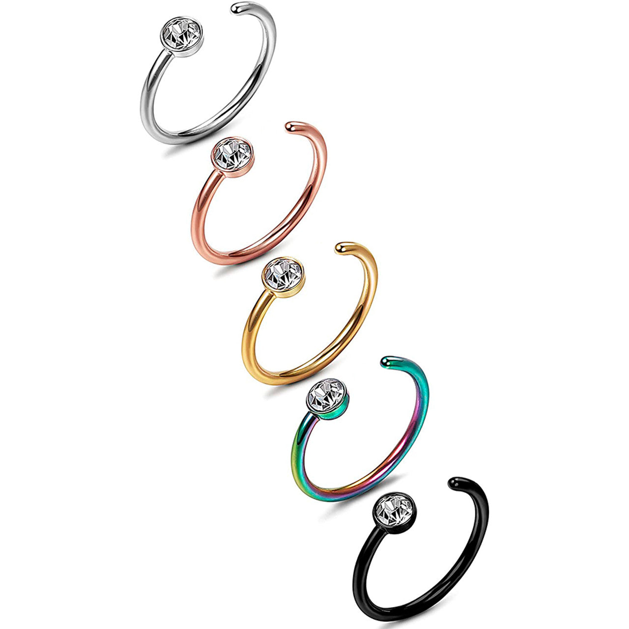 Surgical Steel Nose Ring Hoop 20 & 18 Gauge With CZ Gem - 5 Pack