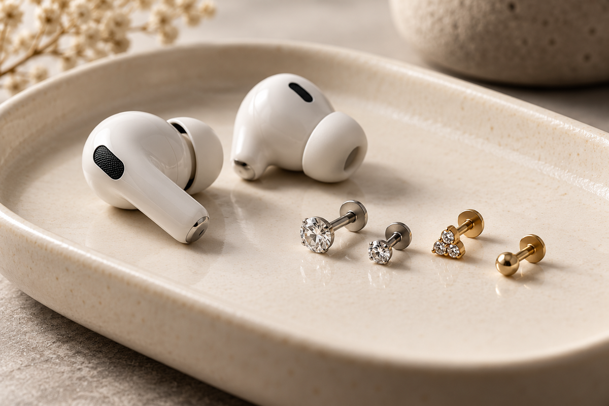 Cartilage jewelry styled for everyday earbud wear