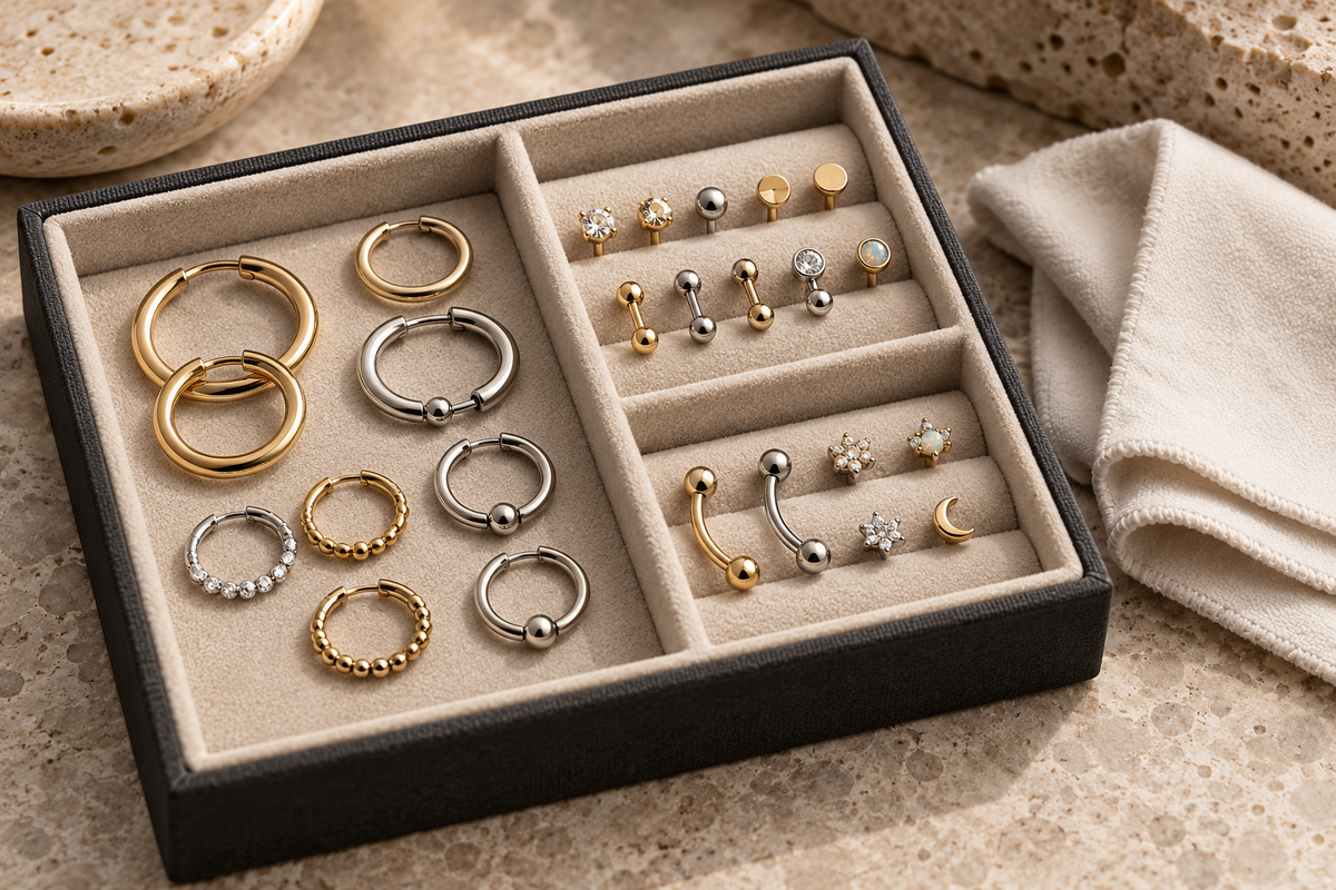 AI illustration of body jewelry organized in a compartmented tray