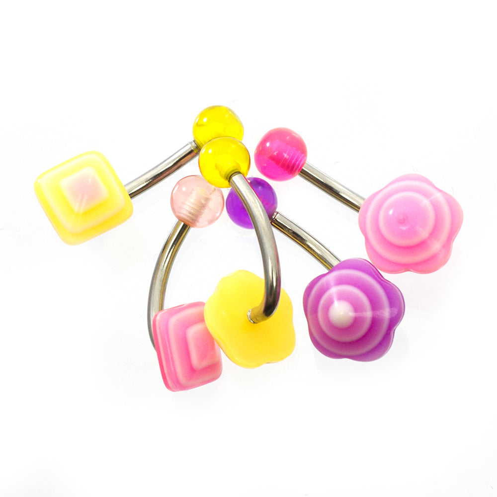 Acrylic Flower & Diamond Belly Button Rings 14 Gauge 10mm - 5 Pack