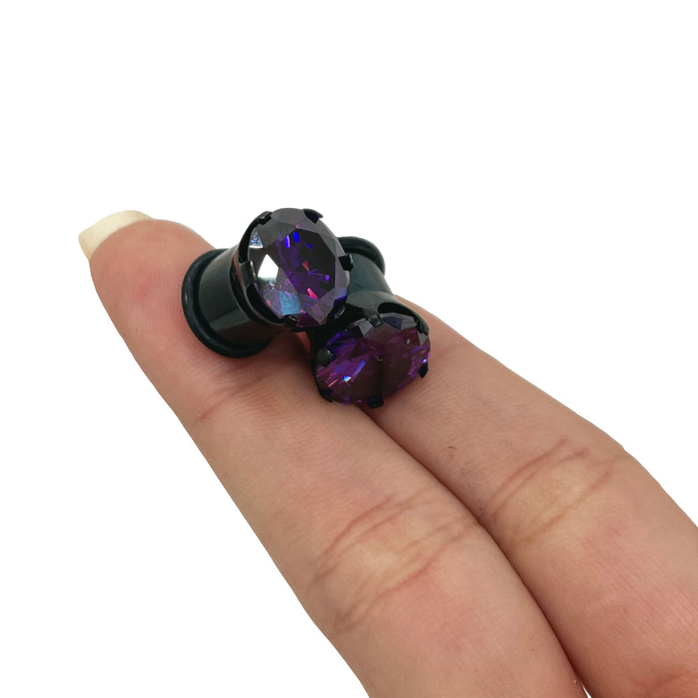Surgical Steel Single Flare Ear Plugs with PVD Black CZ - Pair - photo 3