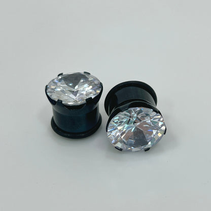 Black Surgical Steel 8 to 9/16 Inch Single Flare Plugs with CZ - Pair - photo 5