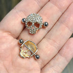 Surgical Steel Barbell Nipple Shield Ring 14 Gauge & Gem Skull - Pair - Kruelty - Photo 2