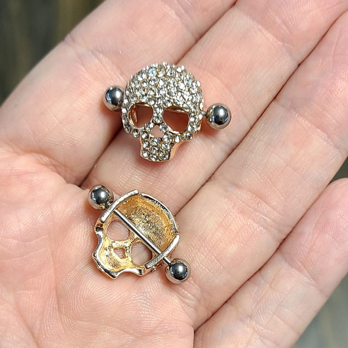 Surgical Steel Barbell Nipple Shield Ring 14 Gauge & Gem Skull - Pair - Kruelty - Photo 2