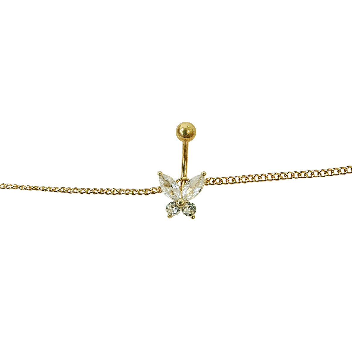 Surgical Steel Belly Ring 14G 11mm with Gold Chain & CZ Butterfly