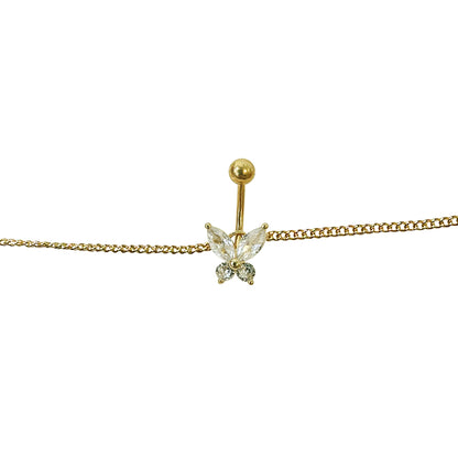 Surgical Steel Belly Ring 14G 11mm with Gold Chain & CZ Butterfly