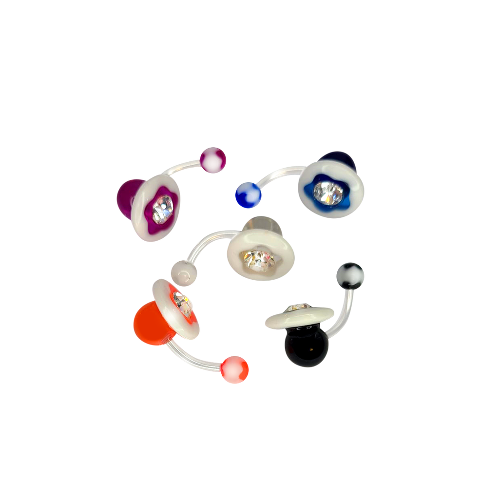 Acrylic 14 Gauge Flower Design Belly Rings with CZ - 5 Pack