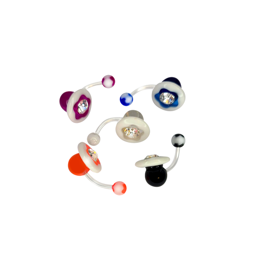 Acrylic 14 Gauge Flower Design Belly Rings with CZ - 5 Pack