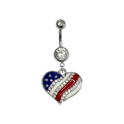 Surgical Steel 14 Gauge Belly Ring with Dangle Heart American Flag