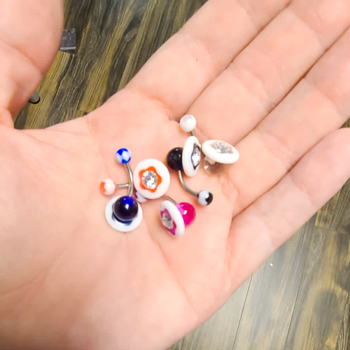 Acrylic 14 Gauge Flower Design Belly Rings with CZ - 5 Pack