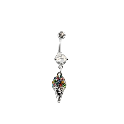 Surgical Steel 14 Gauge Belly Ring with CZ Ice Cream Cone Dangle