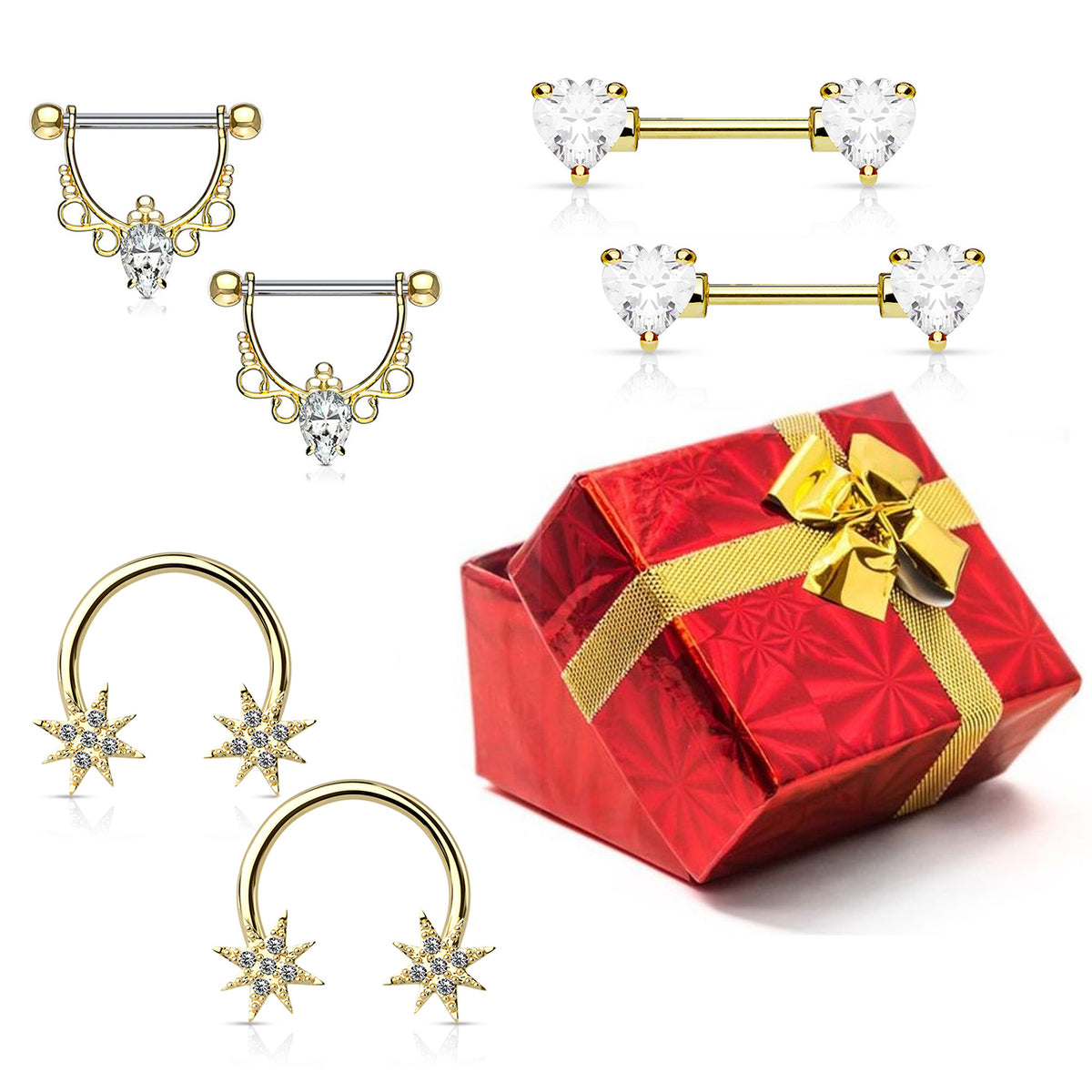 Surgical Steel 14 Gauge CZ Nipple Barbell Gift Set - 3 Pack
